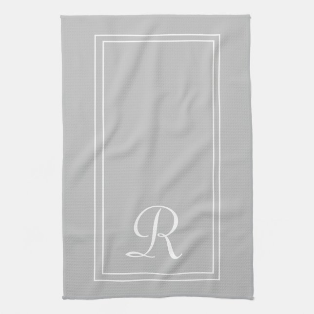Linge De Cuisine Monogramme gris blanc rayé moderne (Vertical)