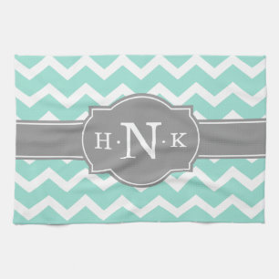 Linge De Cuisine Monogramme Gris Chevron à la menthe