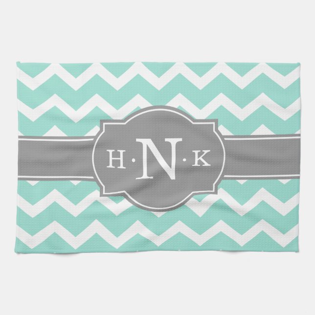 Linge De Cuisine Monogramme Gris Chevron à la menthe (Horizontal)