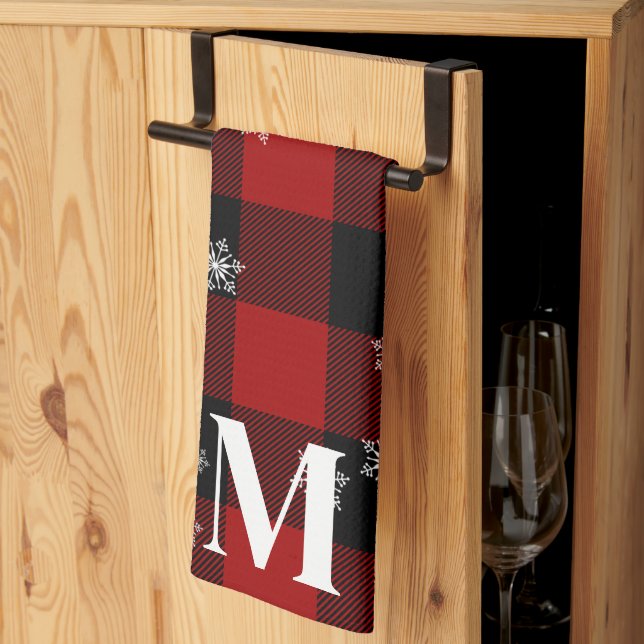 Linge De Cuisine Monogramme Initial à Plaid Rouge et Flocons d'Hive (Pliage en tiers)