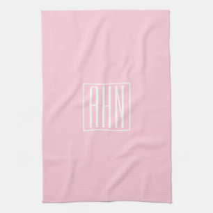 Linge De Cuisine Monogramme initial   Blanc sur rose clair