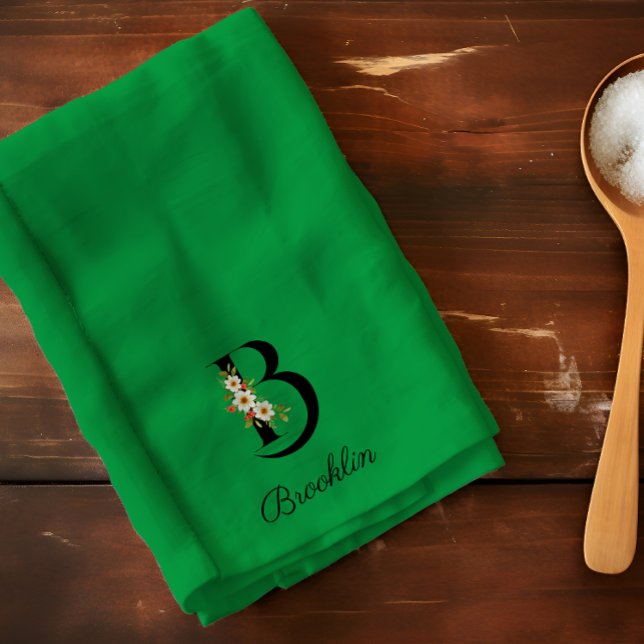 Linge De Cuisine Monogramme initial botanique à l'aquarelle vert (Créateur téléchargé)