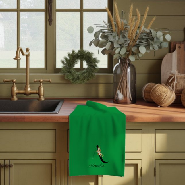 Linge De Cuisine Monogramme initial botanique à l'aquarelle vert (Créateur téléchargé)
