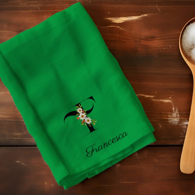 Linge De Cuisine Monogramme initial botanique à l'aquarelle verte (Créateur téléchargé)