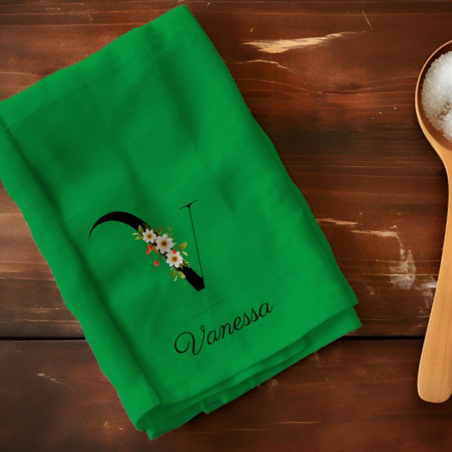Linge De Cuisine Monogramme initial botanique à l'aquarelle verte (Créateur téléchargé)
