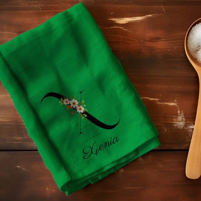 Linge De Cuisine Monogramme initial botanique à l'aquarelle verte (Créateur téléchargé)