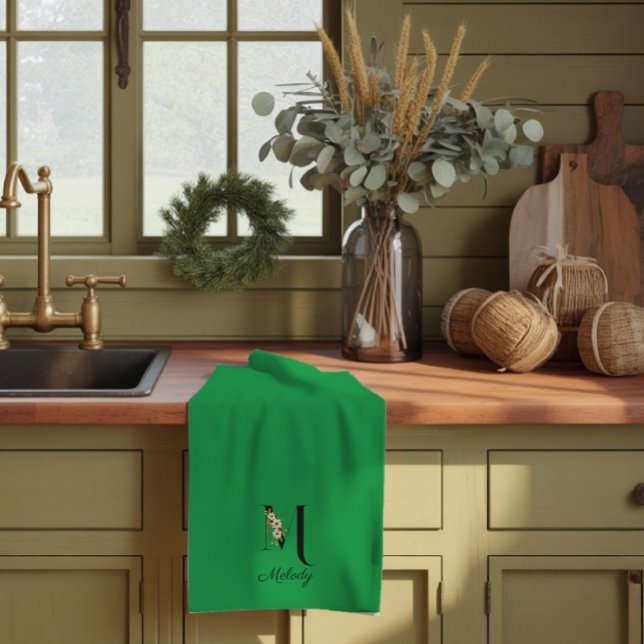 Linge De Cuisine Monogramme initial botanique à l'aquarelle verte (Créateur téléchargé)