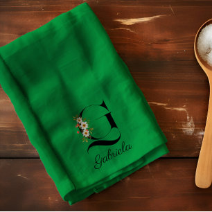 Linge De Cuisine Monogramme initial botanique aquarelle verte