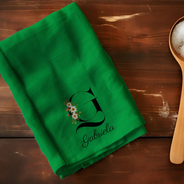 Linge De Cuisine Monogramme initial botanique aquarelle verte (Créateur téléchargé)