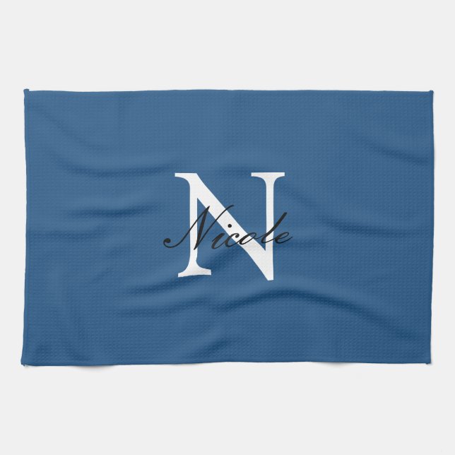 Linge De Cuisine Monogramme Initial Manuscrit Nom Propre Bleu (Horizontal)
