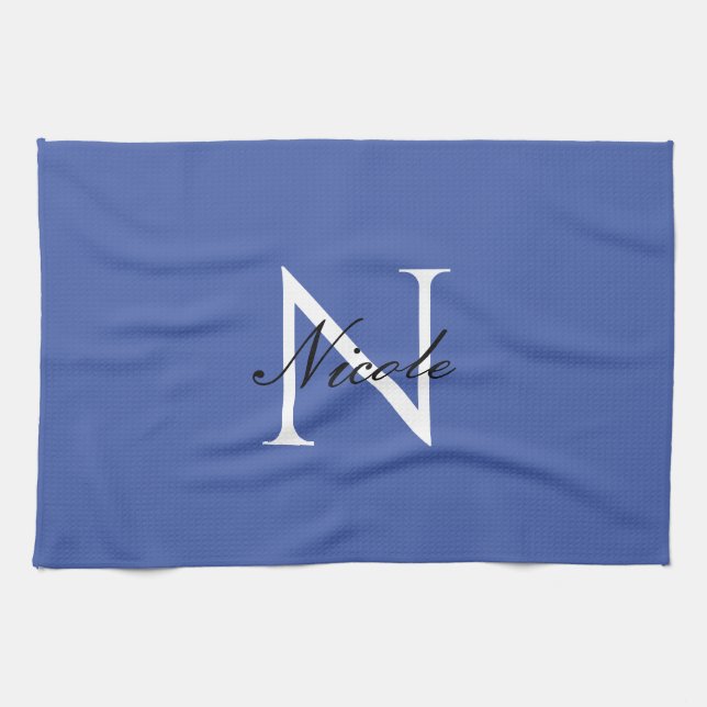 Linge De Cuisine Monogramme initial manuscrit propre nom bleu (Horizontal)