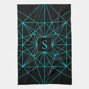Linge De Cuisine Monogramme Initial   Motif Géométrique Turquoise