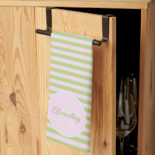 Linge De Cuisine Monogramme Initial & Nom Pastel Rose Vert Rayé