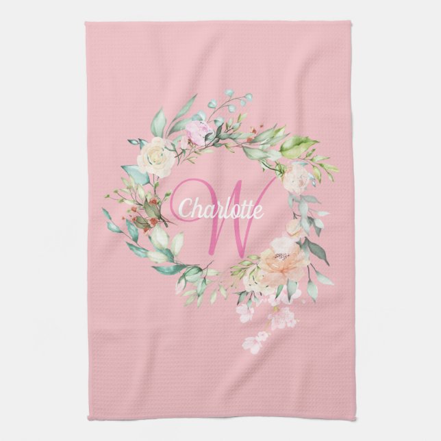Linge De Cuisine Monogramme Initial Roses Roses Modernes (Vertical)