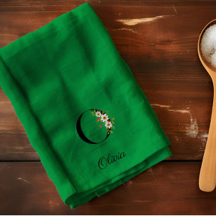 Linge De Cuisine Monogramme initial vert botanique à l'aquarelle