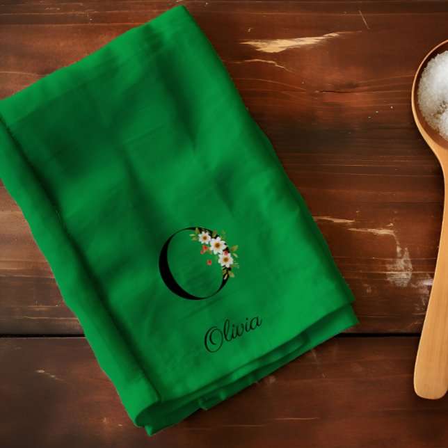 Linge De Cuisine Monogramme initial vert botanique à l'aquarelle (Créateur téléchargé)