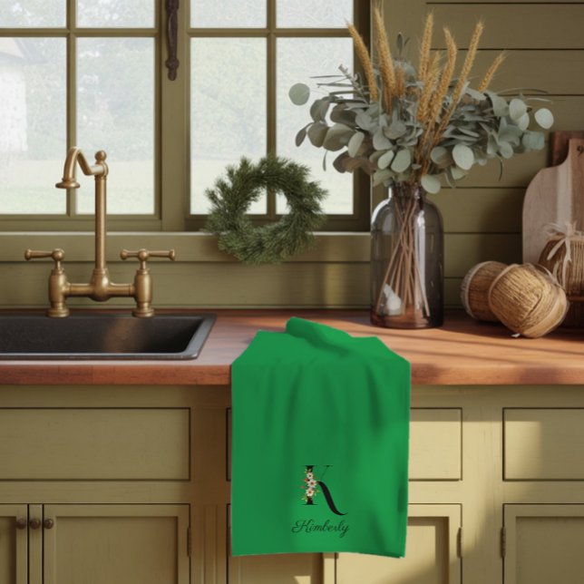 Linge De Cuisine Monogramme initial vert botanique à l'aquarelle (Créateur téléchargé)