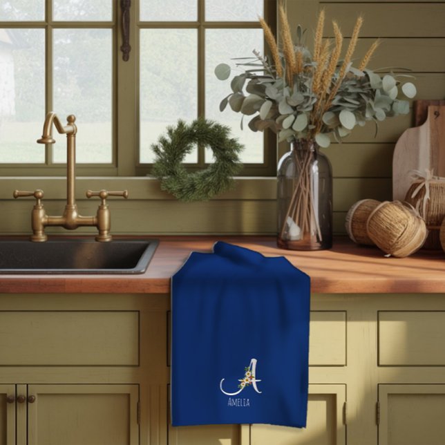 Linge De Cuisine Monogramme initiale bleu botanique aquarelle (Créateur téléchargé)