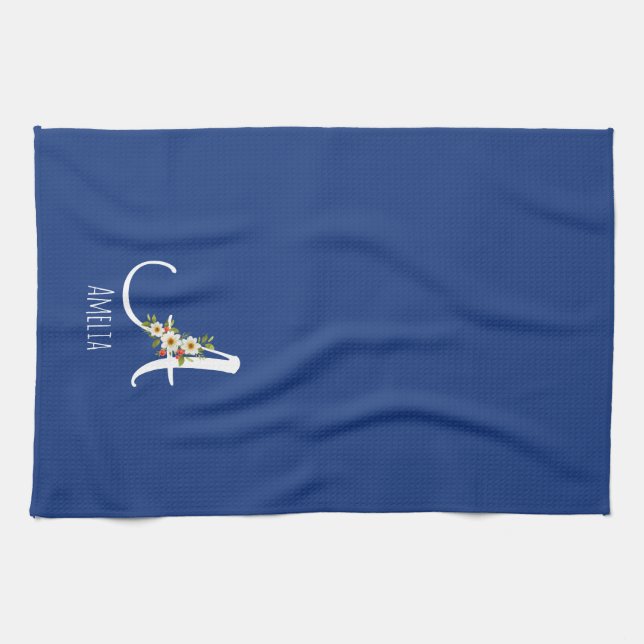 Linge De Cuisine Monogramme initiale bleu botanique aquarelle (Horizontal)