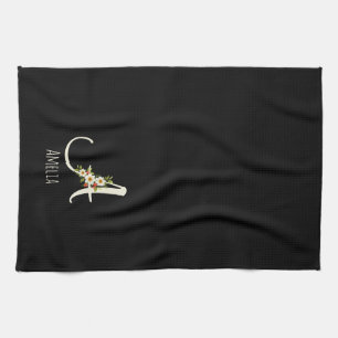 Linge De Cuisine Monogramme initiale noir botanique aquarelle