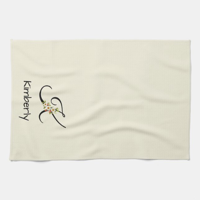 Linge De Cuisine Monogramme initiale noir botanique aquarelle (Horizontal)
