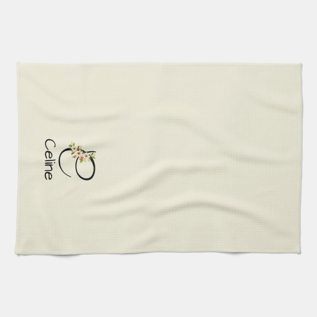 Linge De Cuisine Monogramme initiale noir botanique aquarelle (Horizontal)