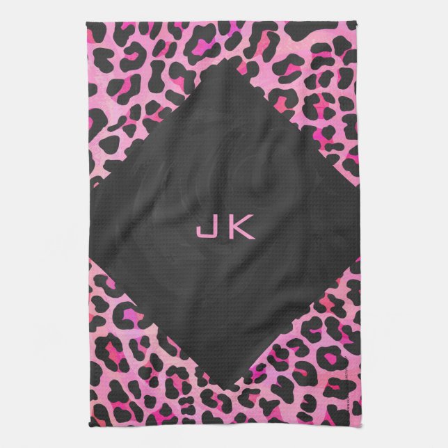 Linge De Cuisine Monogramme Leopard noir et rose chaud (Vertical)