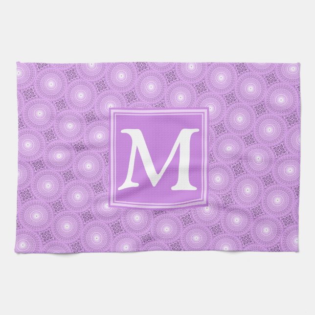 Linge De Cuisine Monogramme lilas cercles pourpres motif (Horizontal)