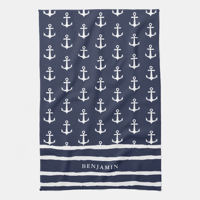 Linge De Cuisine Monogramme Marine Bleu Ancre Bleu Nautique (Vertical)