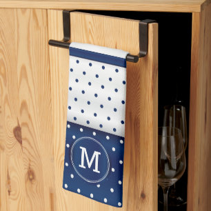 Linge De Cuisine Monogramme Marine bleu et blanc Polka Dot