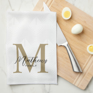 Linge De Cuisine Monogramme minimaliste ivoire or anahaw feuille
