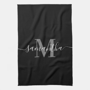 Linge De Cuisine Monogramme minimaliste noir