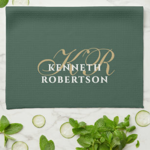 Linge De Cuisine Monogramme Minimaliste Vert Or Blanc Élégant Homm