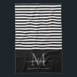 Linge De Cuisine Monogramme moderne Black White Strips Nom du scrip<br><div class="desc">Monogramme moderne Black White Stripes Élégant Feminine Script Nom serviette de cuisine</div>