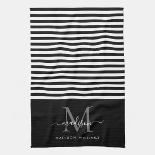 Linge De Cuisine Monogramme moderne Black White Strips Nom du scrip