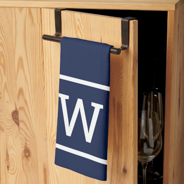Linge De Cuisine Monogramme Moderne Simple Bordure Carrée Bleu Mari (Pliage en tiers)