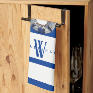 Linge De Cuisine Monogramme moderne tendance bleu marine et blanc