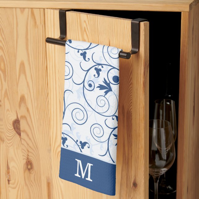Linge De Cuisine Monogramme Motif à feuille bleue rétro (Pliage en tiers)