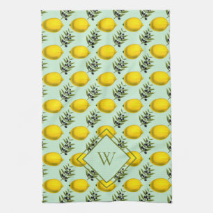 Linge De Cuisine Monogramme motif citron et olive jaune et bleu