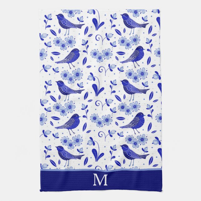 Linge De Cuisine Monogramme Motif d'art populaire aux oiseaux bleus (Vertical)