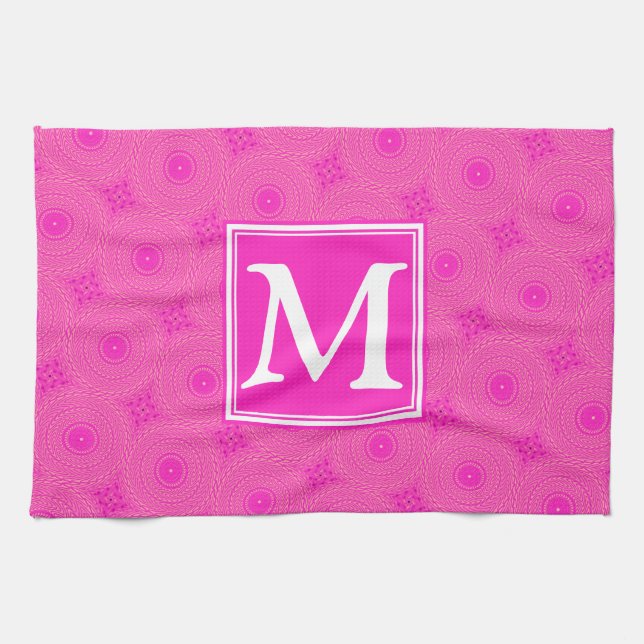 Linge De Cuisine Monogramme motif rose chaud cercles (Horizontal)