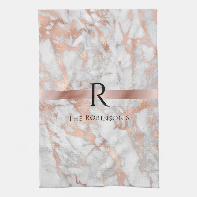Linge De Cuisine Monogramme noir et nom, marbre d'or blanc et Rose (Vertical)