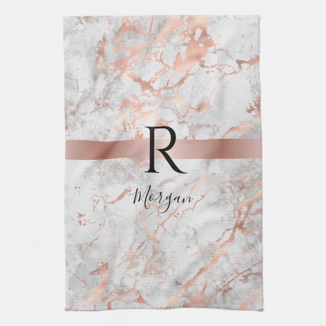 Linge De Cuisine Monogramme noir, marbre blanc et Rose or, Vs 2 (Vertical)