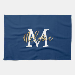 Linge De Cuisine Monogramme Nom initial Script Marine Blanc Or