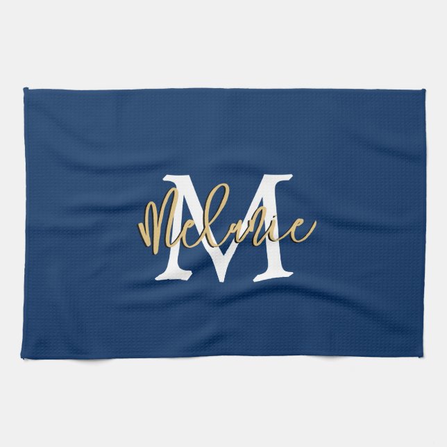 Linge De Cuisine Monogramme Nom initial Script Marine Blanc Or (Horizontal)