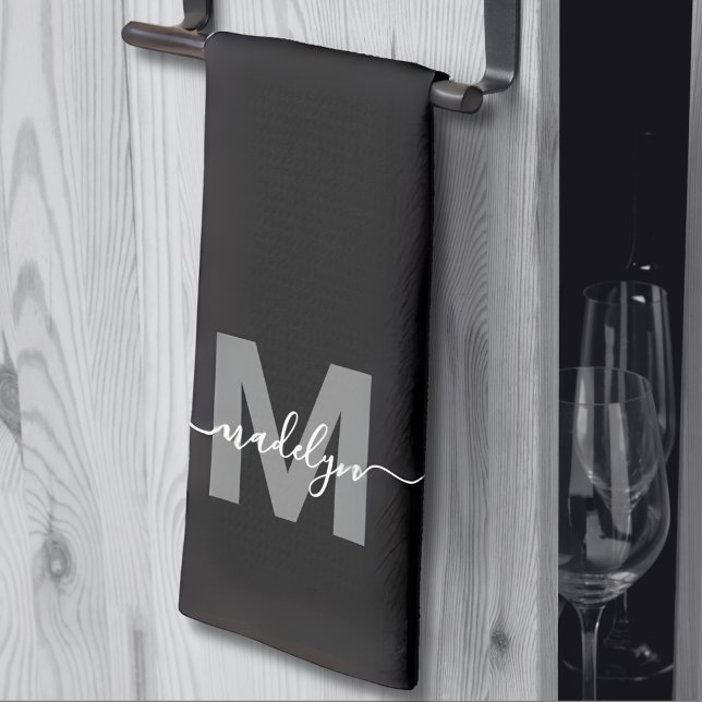 Linge De Cuisine Monogramme Nom Noir Blanc (Black White Name Monogram kitchen towel)