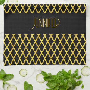 Linge De Cuisine Monogramme or et noir quatrefoil motif