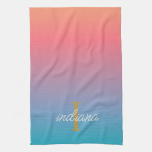Linge De Cuisine Monogramme Orange Bleu Ombré Moderne Nom de Script