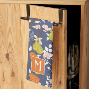 Linge De Cuisine Monogramme orangé et bleu de la Chinoiserie Oiseau