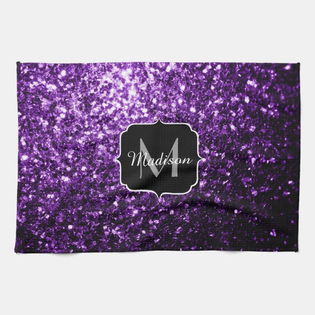 Linge De Cuisine Monogramme pailleté brillant faux violet foncé (Horizontal)